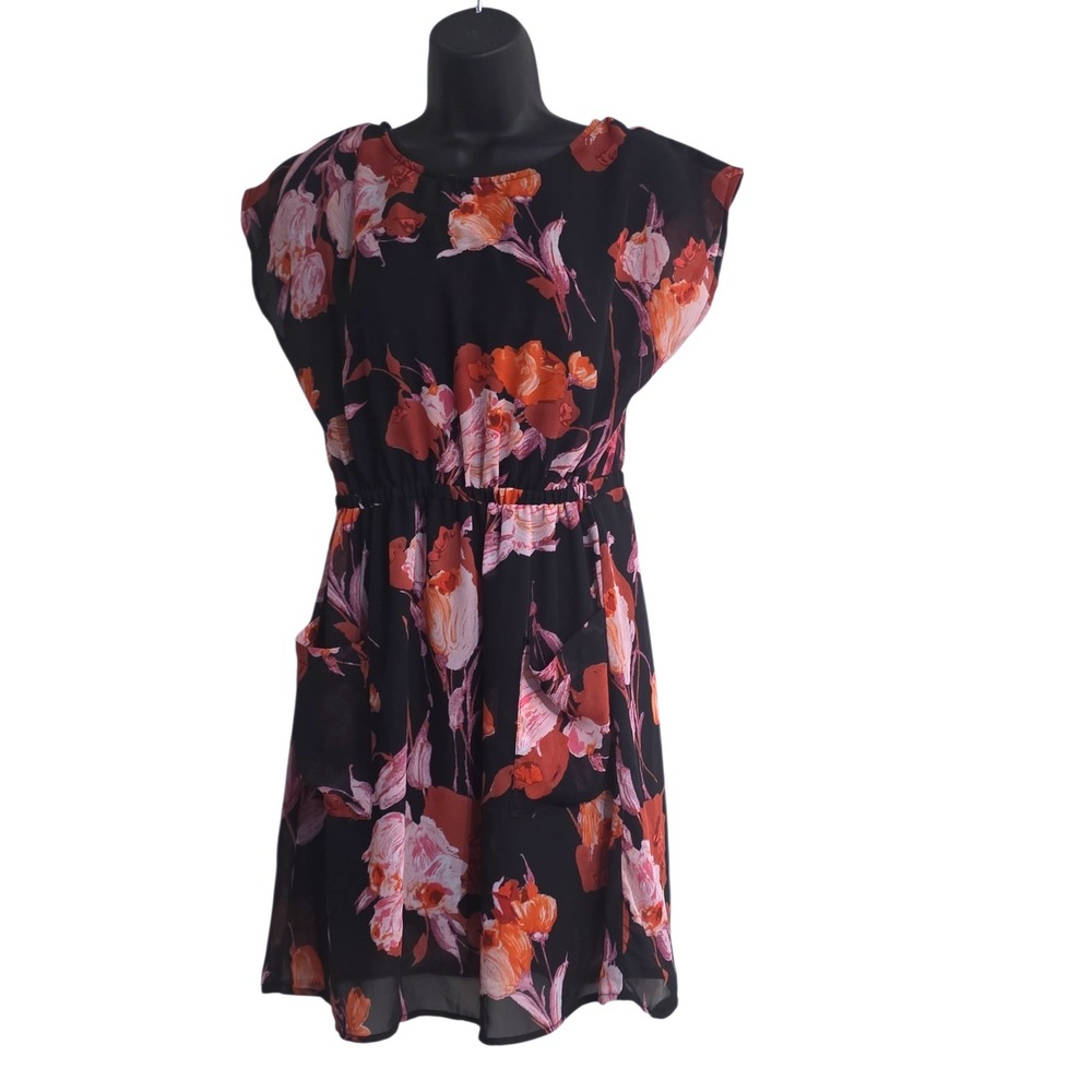 Xhilaration Womens Black Floral Chiffon Mini Dress Cap‎ Sleeve Tie Back Size M